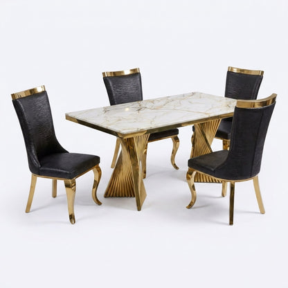Rovello White & Gold Marble 160cm Dining Set with Miami Black & Gold Chairs