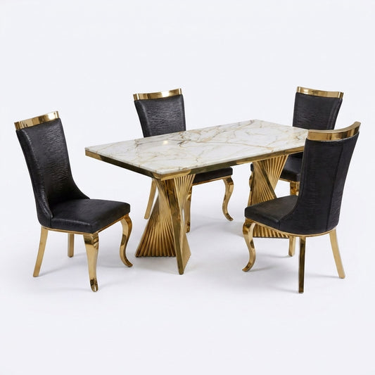 Rovello White & Gold Marble 160cm Dining Set with Miami Black & Gold Chairs