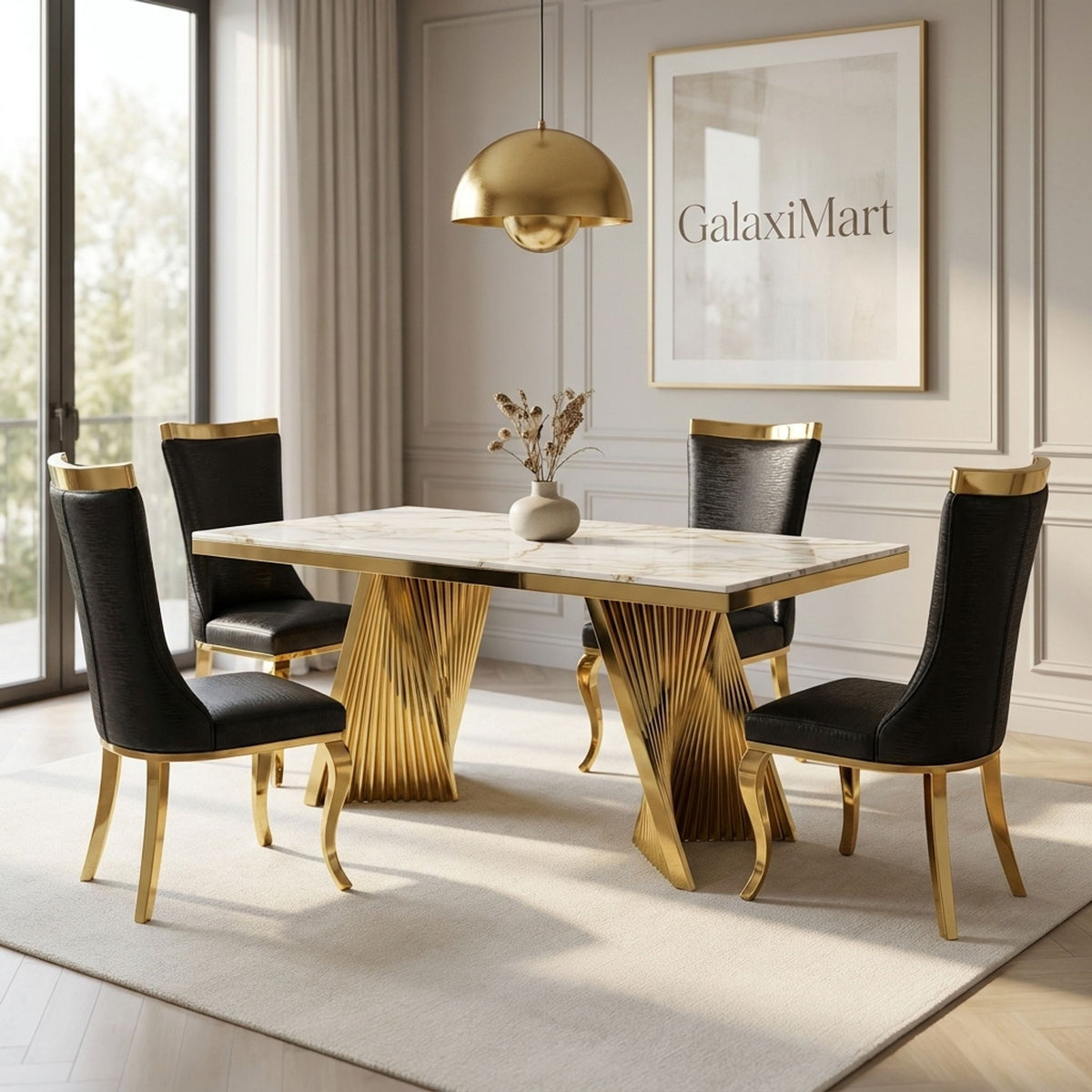 Rovello White & Gold Marble 160cm Dining Set with Miami Black & Gold Chairs