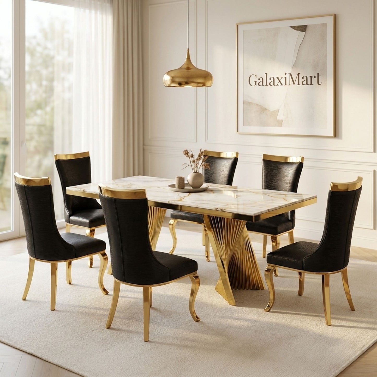 Rovello White & Gold Marble 160cm Dining Set with Miami Black & Gold Chairs