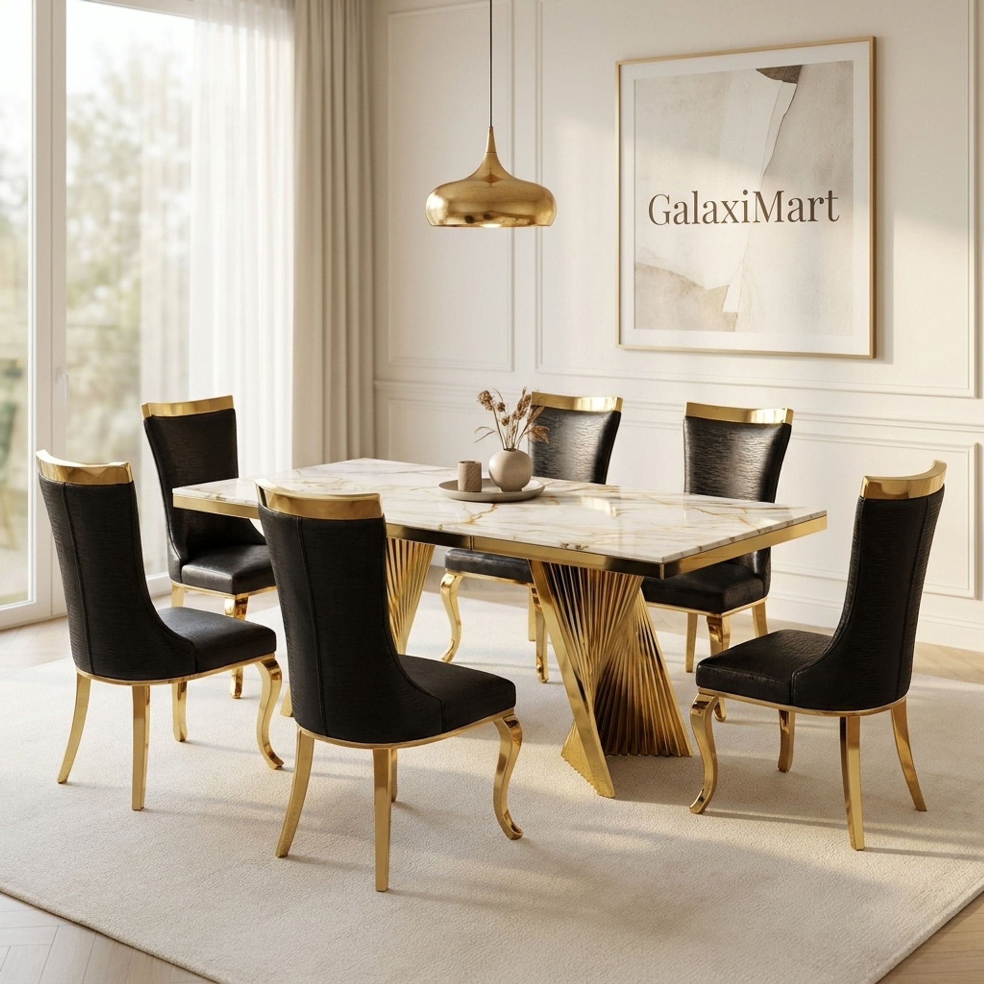 Rovello White & Gold Marble 160cm Dining Set with Miami Black & Gold Chairs