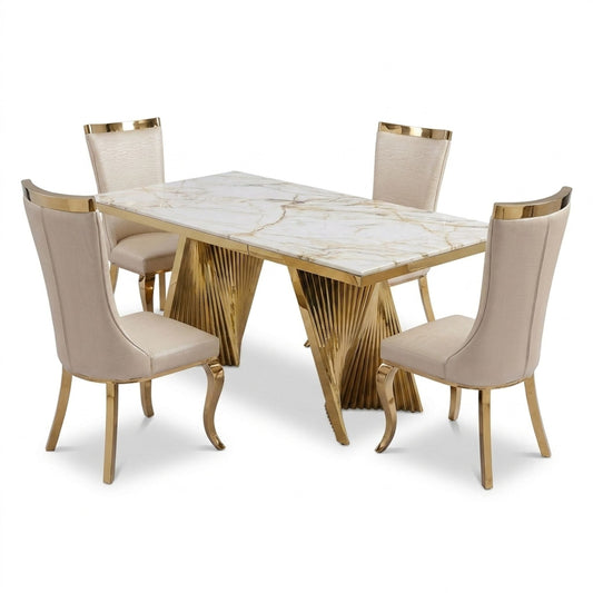 Rovello White & Gold Marble 160cm Dining Set with Miami Mink & Gold Chairs