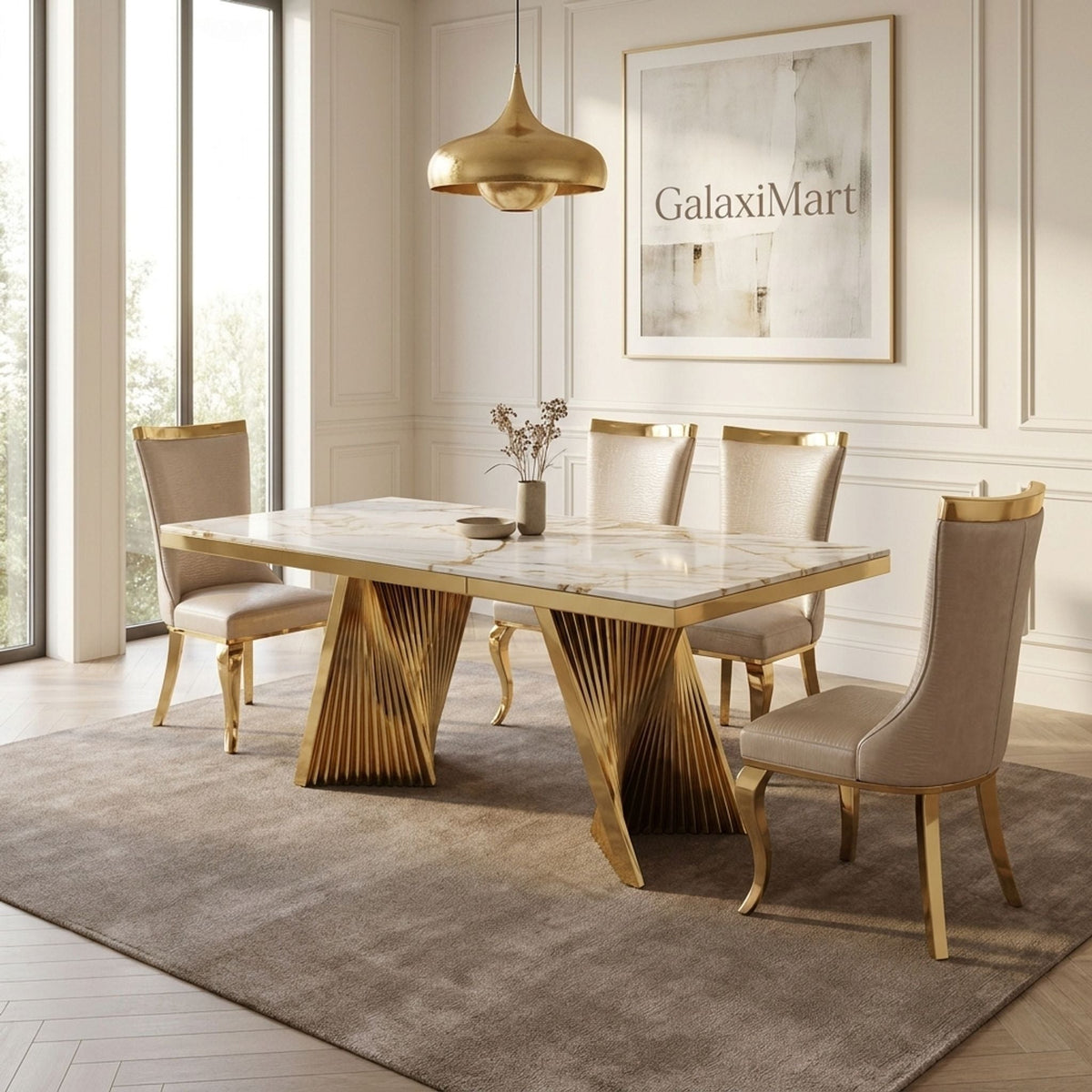 Rovello White & Gold Marble 160cm Dining Set with Miami Mink & Gold Chairs