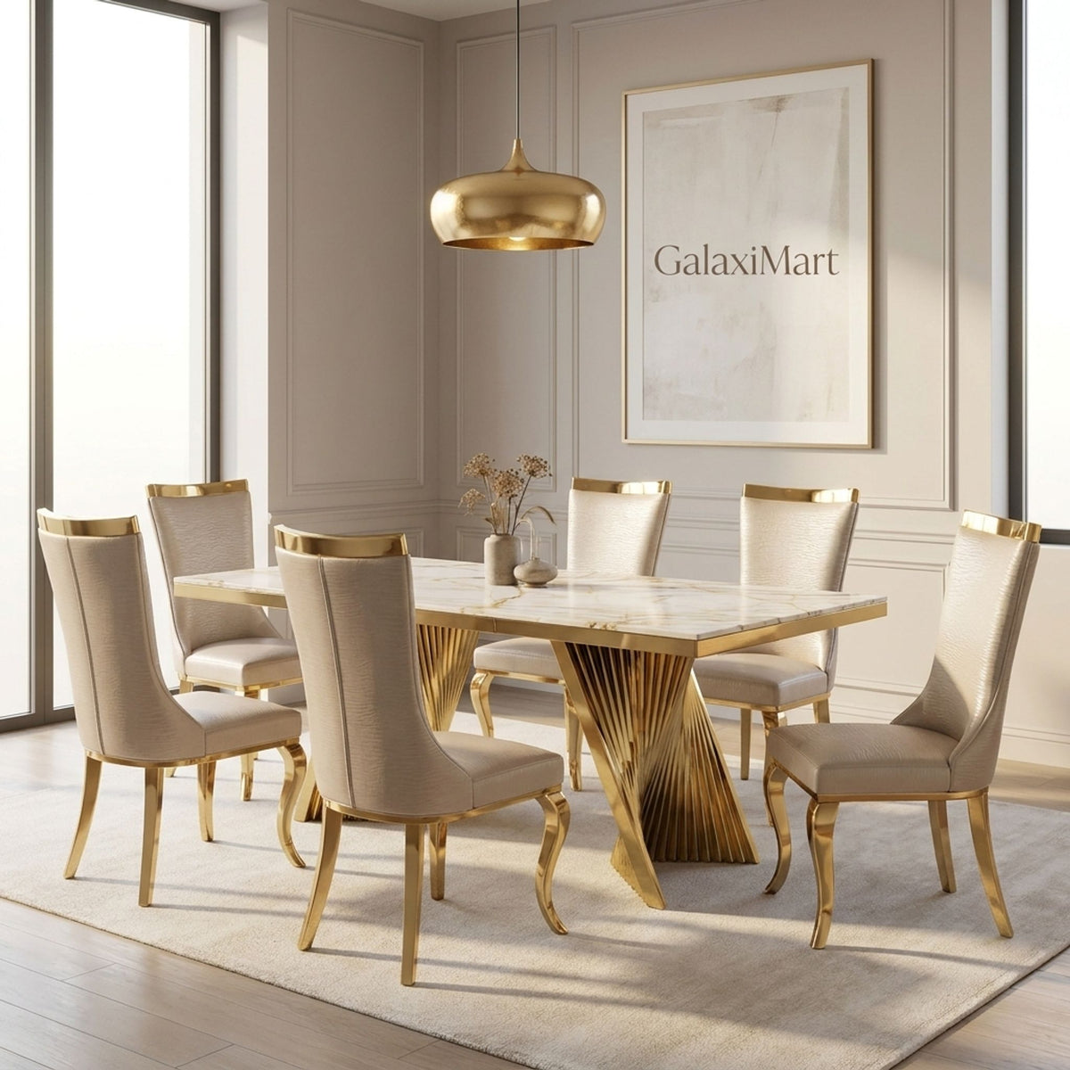 Rovello White & Gold Marble 160cm Dining Set with Miami Mink & Gold Chairs