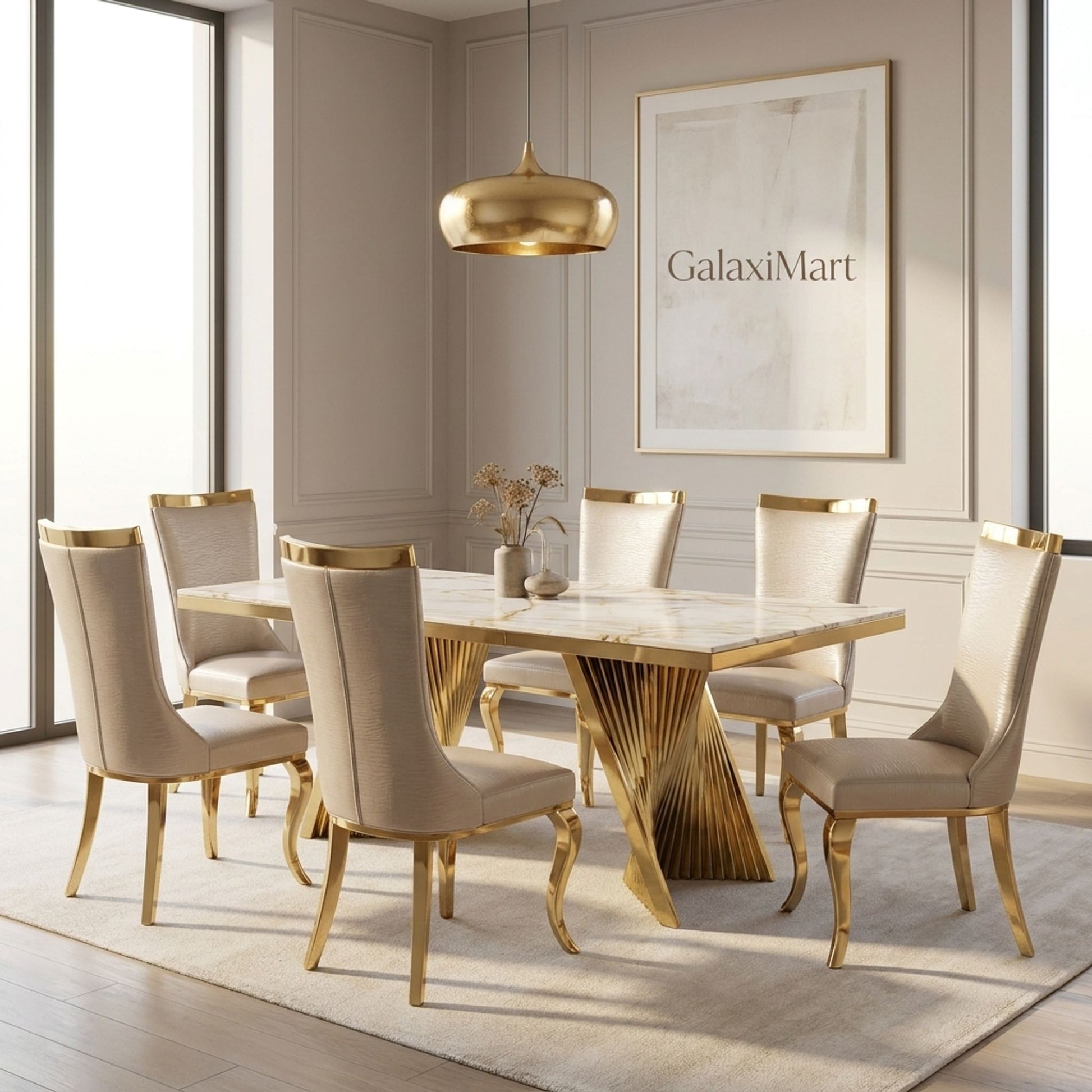 Rovello White & Gold Marble 160cm Dining Set with Miami Mink & Gold Chairs