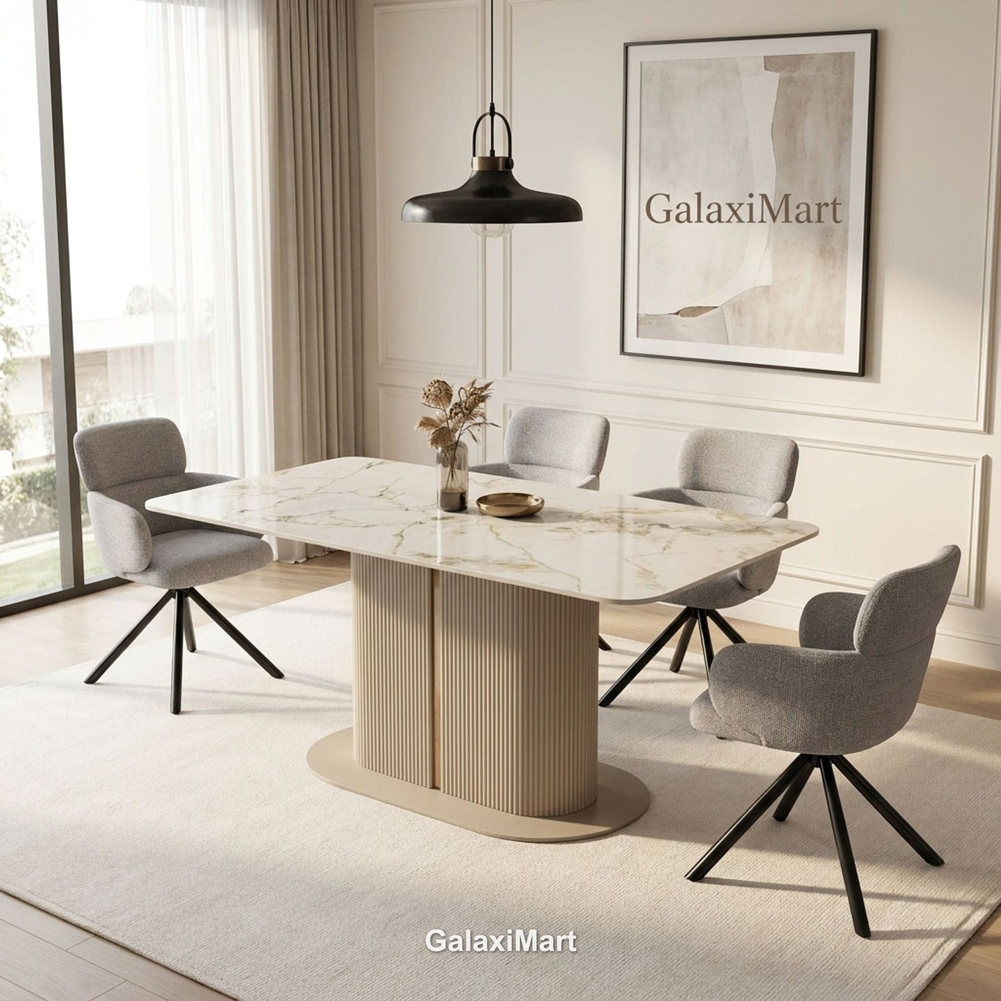 Sydney Cream Dining Table with Tunscay Grey Swivel Chairs