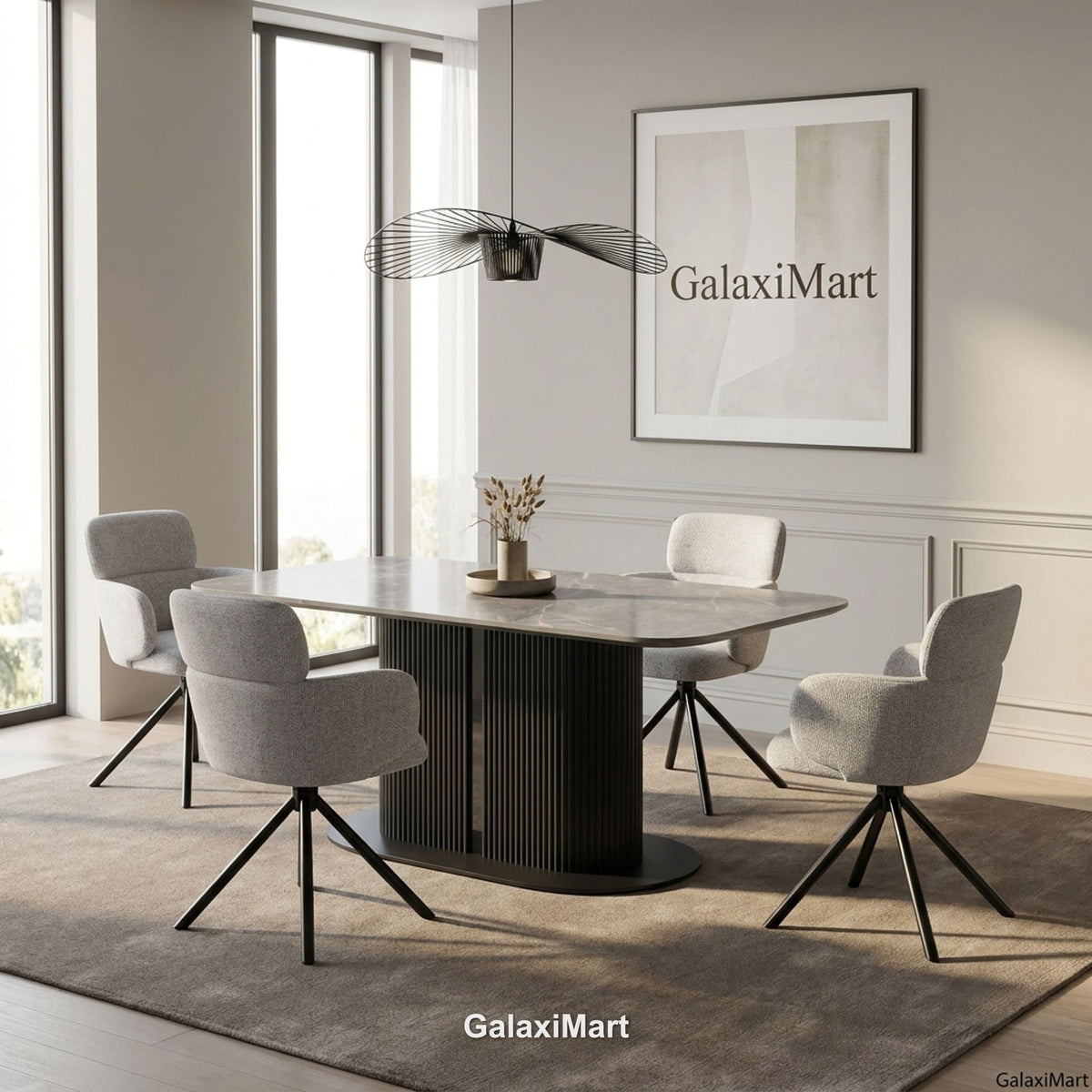 Sydney Grey Dining Table with Tunscay Grey Swivel Chairs
